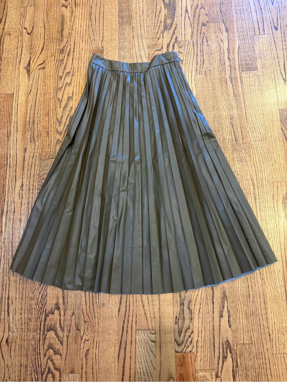 H&M Olive Green Pleated Faux Leather Midi Skirt